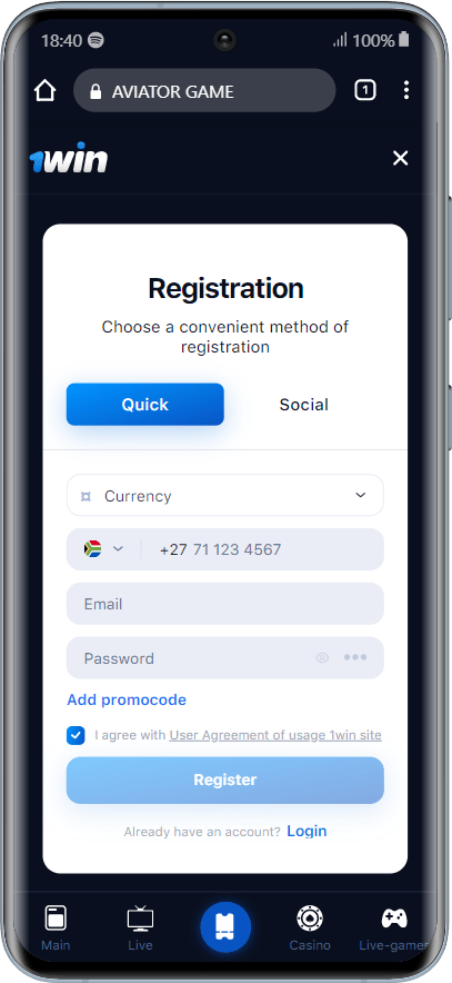 aviator casino app showing an online registration screen for players