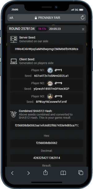 a phone displaying the application for the new round  Provably Fair screenshot
