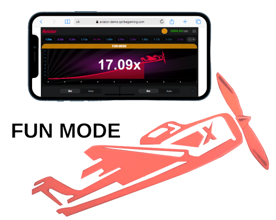 an screen which displays the aviator fun mode on an iphone and on a computer